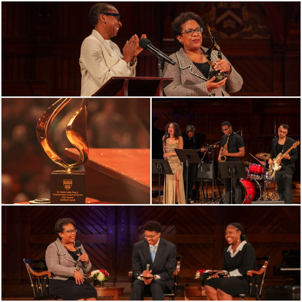 Claudine Gay applauds Loretta Lynch as she accepts her award; the award; musical performances; and a panel conversation