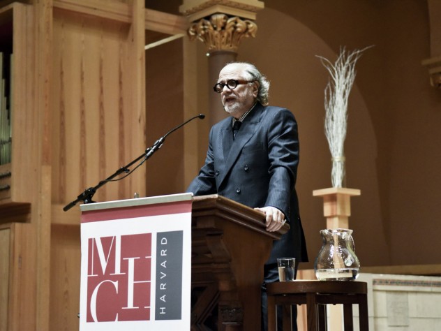 Photograph by Patricia Martin-Sanchez/Mahindra Humanities Center at Harvard Homi Bhaba, conference organizer and director of the Mahindra Humanities Center, led off the symposium at the First Church in Cambridge on February 12.