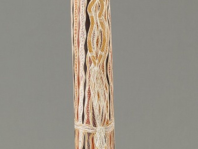 Dhakandjali-Dhupundji (Larrakitj) by the artist Djambawa Marawili, one of three hollow wood coffins on display in the exhibition