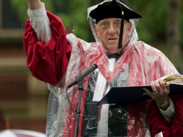 Photograph by Jim Harrison Making his debut as Commencement caller in 2006, McKay professor of mechanical engineering and Lawrence professor of engineering Frederick Abernathy announced to those assembling in the Old Yard, “My responsibility is to engineer with dignity your orderly march into Tercentenary Theatre.”