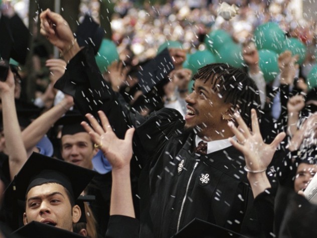 Photograph by Jim Harrison College seniors celebrate as their degrees are conferred (here, in June 1998—but the emotions are timeless).