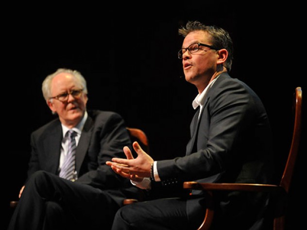 Photograph by Jon Chase/Harvard News Office In a sometimes funny, sometimes poignant on-stage conversation with actor and master of ceremonies John Lithgow ’67, Ar.D. ’05, Matt Damon talked about his career in Hollywood and reminisced about his Cambridge roots, including his days at Cambridge Rindge and Latin High School and his undergraduate years at Harvard.