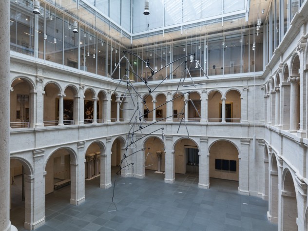 Photograph courtesy of the Harvard Art Museums <i>Triangle Constellation</i>, by the Mexican-born artist Carlos Amorales, was installed in the Calderwood Courtyard of the Harvard Art Museums on April 15. Suspended by steel trusses that are part of the rafters under the glass roof, the sculpture’s lowest point hangs just 10 feet above the floor.