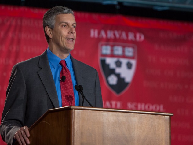 Photograph by Lisa Abitol/Harvard Graduate School of Education U.S. Secretary of Education Arne Duncan ’86 led off the day with a short address, followed by a dialogue with McCartney professor in education leadership Monica Higgins.