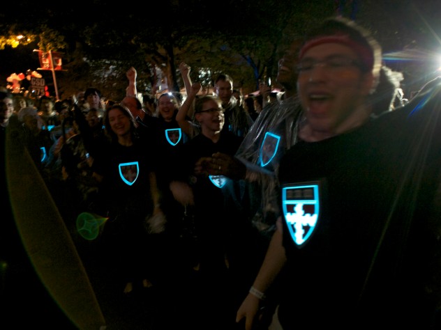 Photograph by Jim Harrison Students of the Harvard School of Engineering and Applied Sciences wore LED T-shirts with the school's insignia.