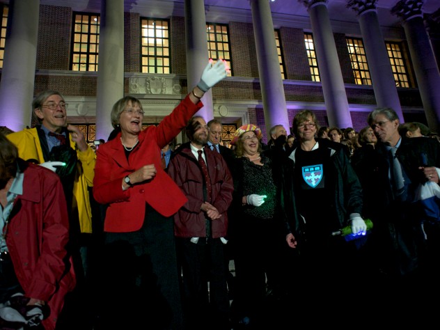 Photograph by Jim Harrison President Faust greets the Houses and graduate schools as they parade past Widener. To her right is Robert Reischauer, senior fellow of the Harvard Corporation. To her left are University provost Alan Garber; Leila Fawaz, president of the Board of Overseers; School of Engineering and Applied Sciences dean Cherry Murray; and School of Public Health dean Julio Frenk.