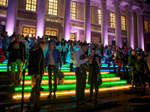 Photograph by Jim Harrison LED lights lined the steps of Widener Library, and the columns were individually illuminated.