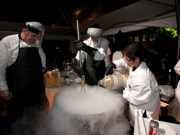 Photograph by Jim Harrison Students from the course Science of the Physical Universe 27: "Science and Cooking: From Haute Cuisine to Soft Matter Science" demonstrate making ice cream with liquid nitrogen, which brings the dessert to extremely cold temperatures and allows for using ingredients that would not otherwise freeze, such as alcohol. Throughout the evening, undergraduates were the centerpiece of the celebration.