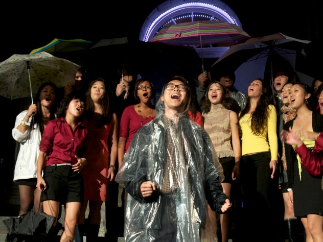 Photograph by Jim Harrison More than 40 undergraduate groups were scheduled to perform during the evening celebration. The show went on, mostly undeterred by the rain.