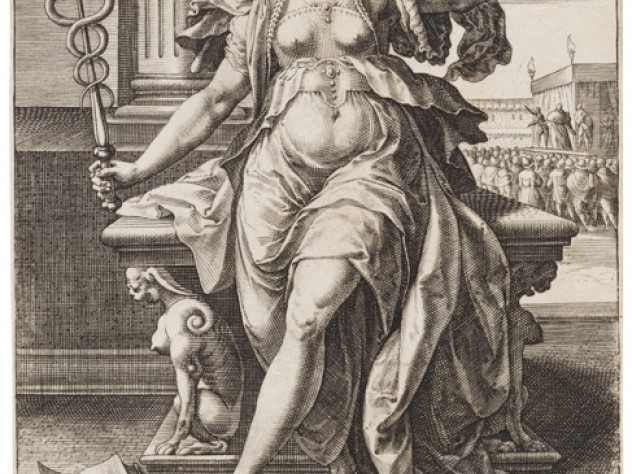 Image courtesy of Department of Digital Imaging and Visual Resources, Harvard Art Museums, © 2011 President and Fellows of Harvard College Jan Sadeler I, after Maarten de Vos,<i> Rhetoric,</i> from the series <i>The Seven Liberal Arts,</i> after 1575. Engraving