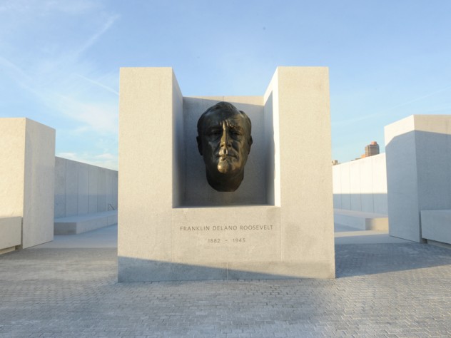 Photograph by Diane Bondareff Photography An enlarged version of the famous bronze bust of Roosevelt created by American sculptor Jo Davidson appears at the threshold of a square, white-granite, open-air plaza.
