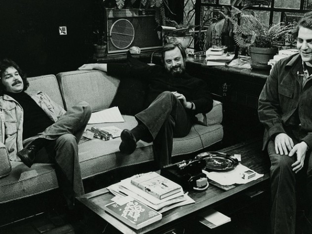 Courtesy of John Weidman Weidman, Stephen Sondheim, and Frank Rich ’71 (at right) meet for a 1976 television interview in Sondheim’s study.