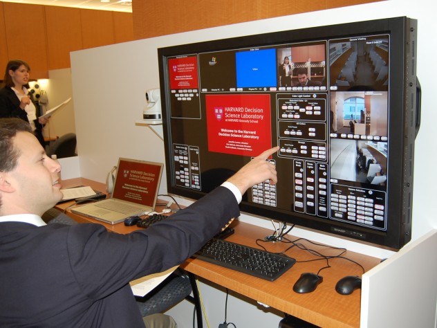 All photographs courtesy of the Harvard Kennedy School A jumbo touchscreen allows the person running an experiment to control what appears on participants' screens.