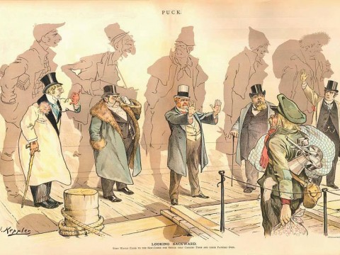 The views of Charles William Eliot and Oliver Wendell Holmes Sr. (whose images follow) aided the descendants of immigrants in keeping out new immigrants, as depicted in Joseph Keppler’s 1893 political cartoon “Looking Backward,” from Puck.