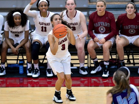THE RIGHT STUFF: Freshman point guard Katie Benzan, shown shooting in the home opener against Maine, led the Harvard women’s basketball team in minutes played and points scored per game through January, helping to spark 16 consecutive wins (after an initial loss at Minnesota)—tying the longest such streak in Crimson basketball history and raising hopes for an Ivy League championship.