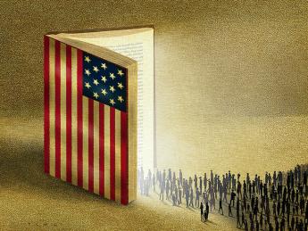 illustration of an open book with an American flag as the cover, into which a stream of migrants is entering
