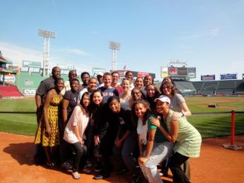 The Kuumba Singers take the field for their sound check. The author is at far right, in the second row.