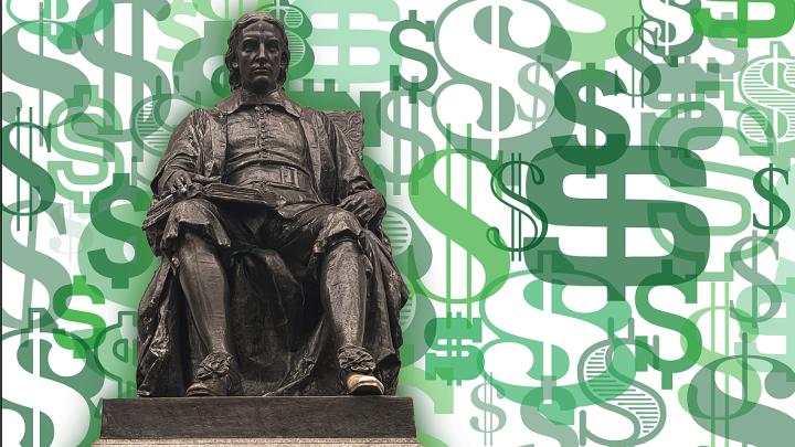 Illustration showing the John Harvard Statue against a collage of dollar signs in green