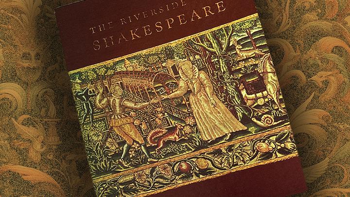 Book cover for The Riverside Shakespeare with ornate and decorative background
