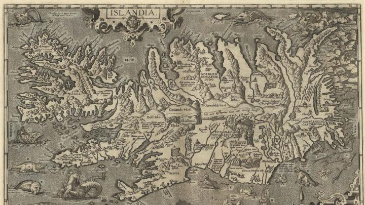 A detailed 1598 map of Iceland, with monstrous sea creatures in the surrounding waters and polar bears on ice flows.