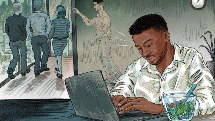 illustration of a black employee working and eating at his desk while colleagues go out to lunch