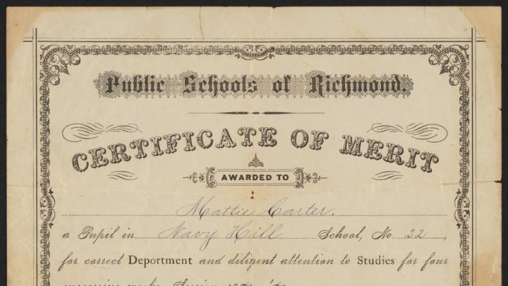 Certificate of merit awarded to Mattie Carter, a pupil in the Navy Hill School