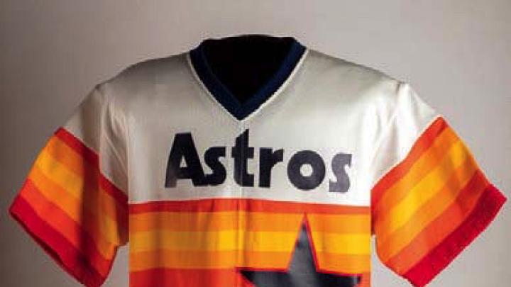 Photo of red, white, and orange Houston Astros jersey from 1983 worn by pitcher Joe Niekro