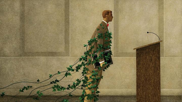 An illustration showing a professor held back by ivy vines, representing traditional and reluctance to change