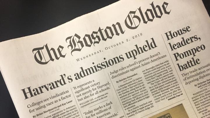 The Boston Globe's front page on October 2, 2019, with the headline "Harvard's admissions upheld"