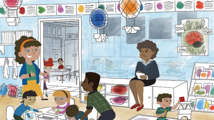 An illustration of an elementary school classroom with two teachers and an observer