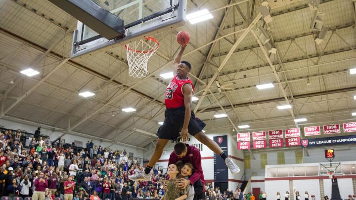 Zena Edosomwan ’17, soaring over teammate Balsa Dragovic '19 and two fans to win the dunk contest at Crimson Madness, will be the team's primary threat in the post.