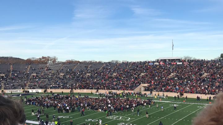 A large group of protestors standing on a football field.