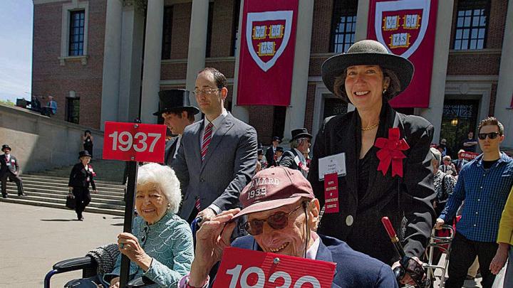 Harvard alumni in their Commencement day finery preparing for the traditional alumni parade