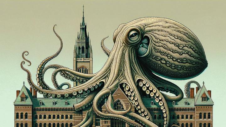 AI-generated illustration showing a giant octopus, its tentacles reaching around a brick university building