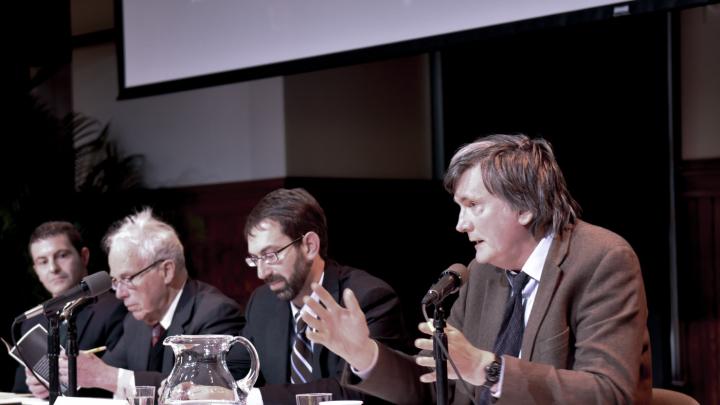 From left to right: Christopher Capozzola, Charles Maier, Samuel Moyn, and Richard Tuck speak at a panel on political theory and World War I. 