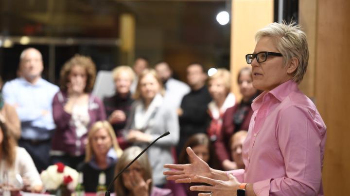 Anna Collins ’86, one of several former players who spoke at a reception celebrating the endowment of the women’s basketball head coaching position, reminded attendees of the symbolic significance of their support: “Words matter,” she said, “but money talks.”