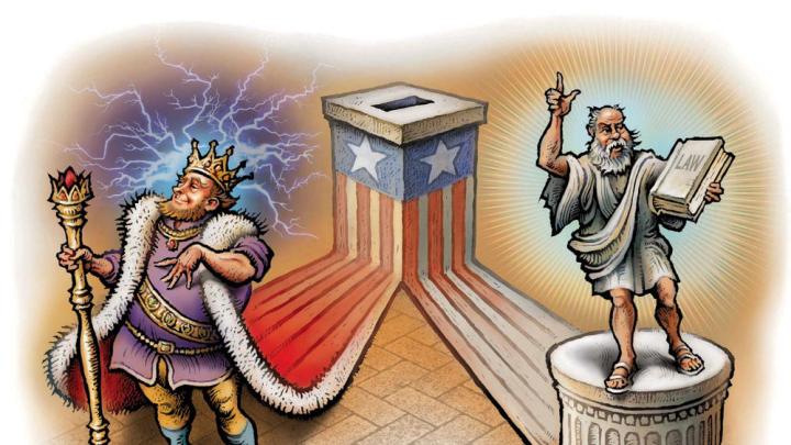 Flanking a ballot box are a monarch on the left and a senator holding a book of law on the right.