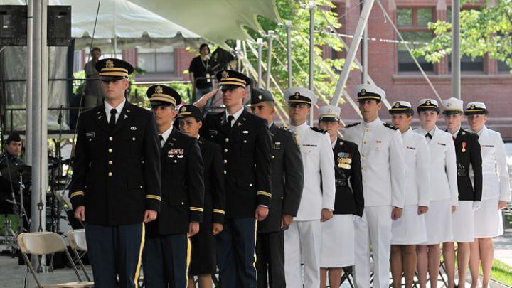 During Commencement Week 2010, the Reserve Officers' Training Corps Harvard Class of 2010 await their commissioning.