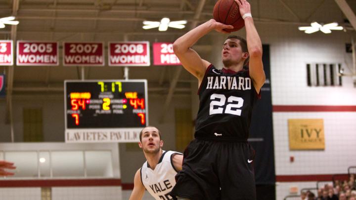 Corbin Miller '15 ('17), seen here in action against Yale earlier in his career, will need to contribute offensively if Harvard is to beat the Bulldogs at Lavietes Pavilion this Friday.