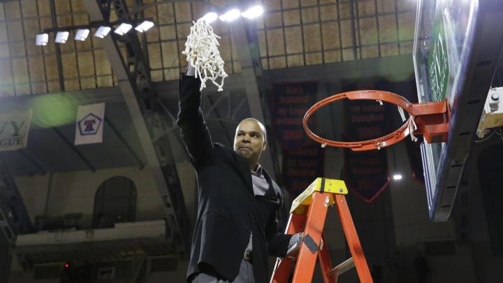 Tommy Amaker, the Stemberg Family head coach of men’s basketball, cut down the nets. Amaker has led the Crimson to five straight Ivy League titles.