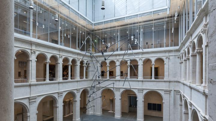 <i>Triangle Constellation</i>, by the Mexican-born artist Carlos Amorales, was installed in the Calderwood Courtyard of the Harvard Art Museums on April 15. Suspended by steel trusses that are part of the rafters under the glass roof, the sculpture’s lowest point hangs just 10 feet above the floor.