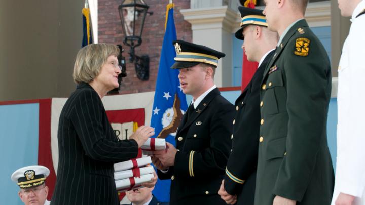 President Faust presented each cadet with a copy of <i>Grant: Memoirs and Selected Letters,</i> edited by Mary and William McFeeley, and received from them in return a copy of Samuel P. Huntington’s <i>The Soldier and the State.</i>