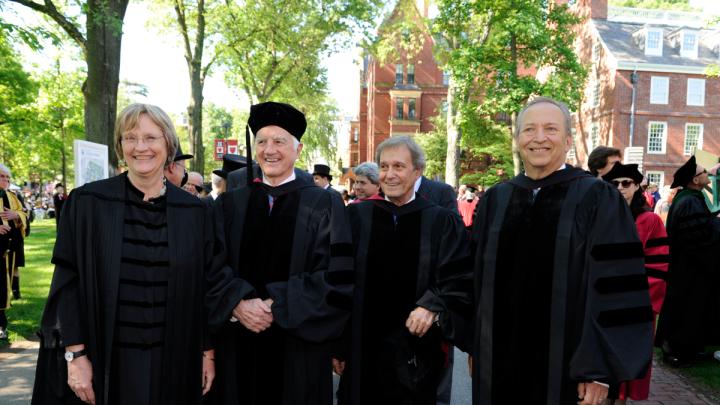 Together for the University's 375th-anniversary year Commencement, all of Harvard's living presidents: Drew Faust (2007-present), Derek Bok (1971-1991, 2006-2007), Neil Rudenstine (1991-2001), Lawrence Summers (2001-2006)