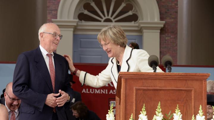 President Faust confers a surprise Harvard Medal on Jack Reardon, who is stepping down as executive director of the Harvard Alumni Association, but remaining active in Harvard affairs.