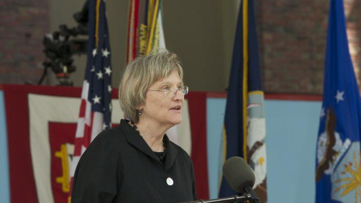 President Drew Faust, “on behalf of all of Harvard,” offered the cadets thanks, encouragement, and appreciation.