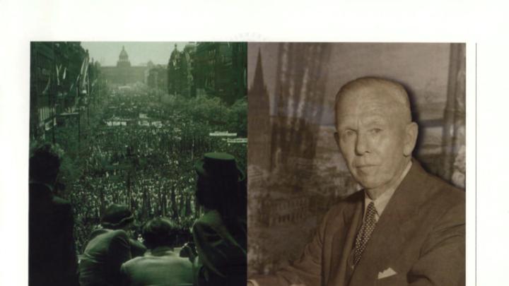 Challenges and response (clockwise from upper left): Prague residents watch a Communist May Day parade in 1948; the Secretary of State; physical destruction in Münster, Germany in 1945; Marshall in the Commencement procession.