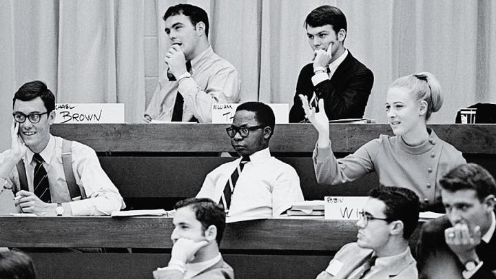 One among many: Harvard Business School pioneer Robin Wigger, suitably attired, in class among fellow M.B.A. students, circa 1970 
