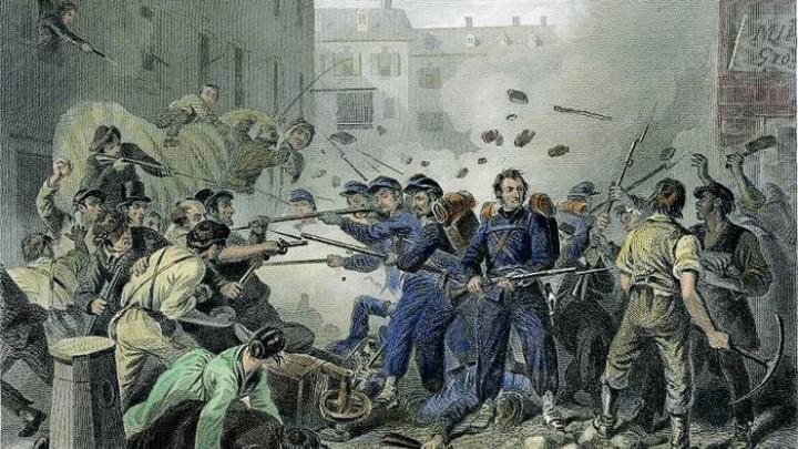 Massachusetts militia passing through Baltimore—and rioting Confederate sympathizers—in April 1861