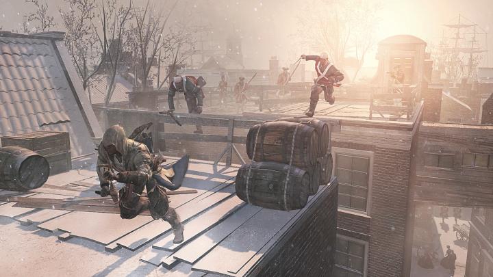 A rooftop chase from the <i>Assassin’s  Creed III </i>video game 