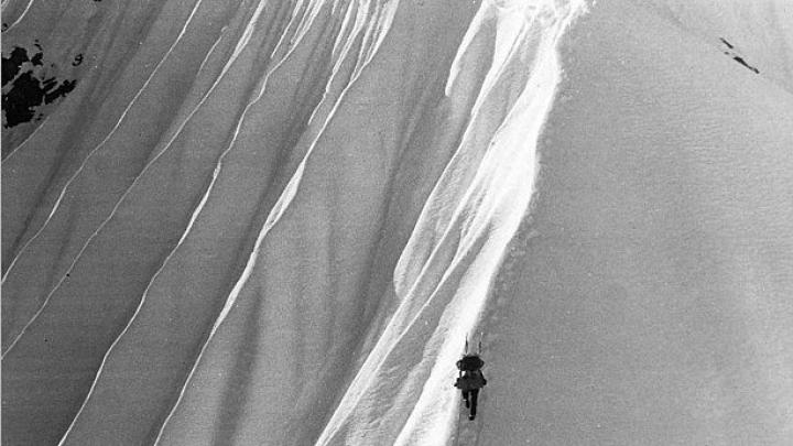 Above Camp Four, at about 8,800 feet, a Harvard climber ascends a fluted snow ridge.